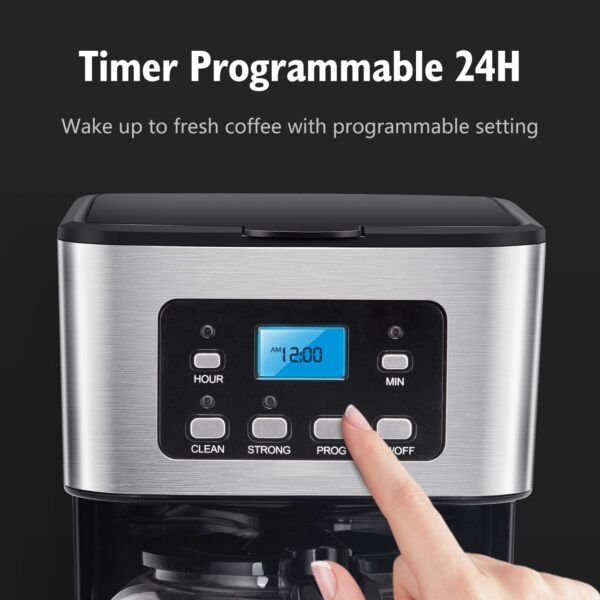 Taylor Swoden 12-Cup Programmable Coffee Maker, Regular & Strong Brew Drip Coffee Machine for Home and Office, Glass Carafe, Pause & Serve, Auto Shut Off, Black & Stainless Steel - Image 9