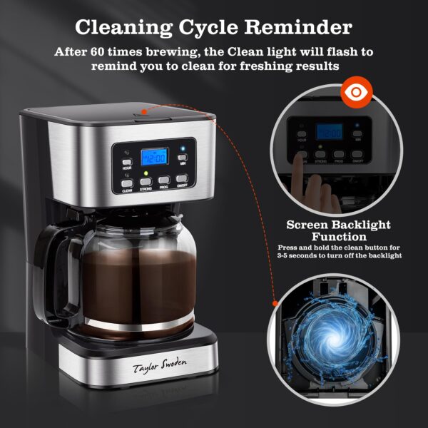 Taylor Swoden 12-Cup Programmable Coffee Maker, Regular & Strong Brew Drip Coffee Machine for Home and Office, Glass Carafe, Pause & Serve, Auto Shut Off, Black & Stainless Steel - Image 5