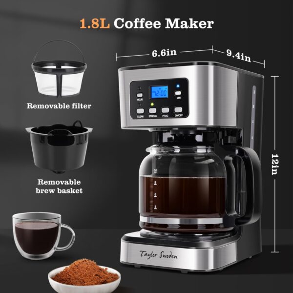 Taylor Swoden 12-Cup Programmable Coffee Maker, Regular & Strong Brew Drip Coffee Machine for Home and Office, Glass Carafe, Pause & Serve, Auto Shut Off, Black & Stainless Steel - Image 4