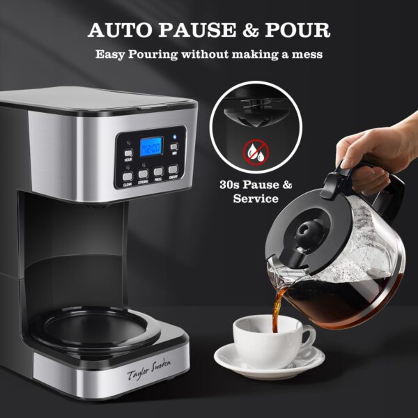 Taylor Swoden 12-Cup Programmable Coffee Maker, Regular & Strong Brew Drip Coffee Machine for Home and Office, Glass Carafe, Pause & Serve, Auto Shut Off, Black & Stainless Steel - Image 6