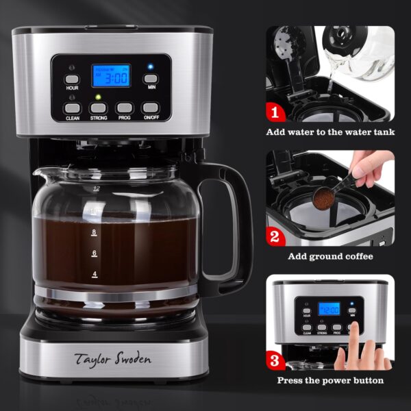 Taylor Swoden 12-Cup Programmable Coffee Maker, Regular & Strong Brew Drip Coffee Machine for Home and Office, Glass Carafe, Pause & Serve, Auto Shut Off, Black & Stainless Steel - Image 2