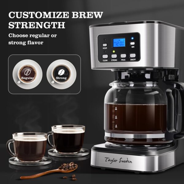 Taylor Swoden 12-Cup Programmable Coffee Maker, Regular & Strong Brew Drip Coffee Machine for Home and Office, Glass Carafe, Pause & Serve, Auto Shut Off, Black & Stainless Steel - Image 8
