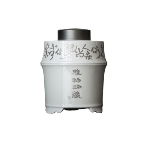 LINKIO Ceramic Food Jar Handmade Silver-Colored Ceramic Tea Storage Can, Double-Layer Tin Lid Sealed Can, Retro Handwritten Poetry Tea Can Pantry Storage Containers