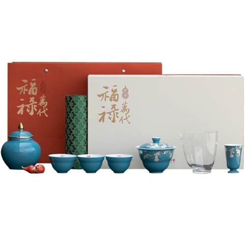 LINKIO Ceramic Food Jar Blue Ceramic Tea Storage Jar Household Sealed Jar Silver Covered Bowl Tea Cup Tea Set Chinese Tea Set Gift Box Set Pantry Storage Containers
