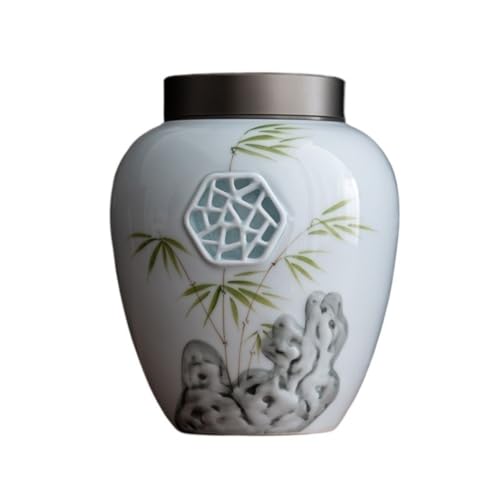 LINKIO Ceramic Food Jar Hand-Painted Embossed Window Grille Retro Tea Can Double-Layer Tin Lid Ceramic Nut Coffee Bean Cereal Sealed Can Pantry Storage Containers(1450ml)