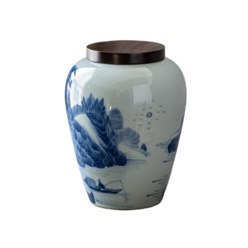 LINKIO Ceramic Food Jar Creative Hand-Painted Ceramic Tea Can Chinese Tea Set Container Food Storage Can Nut Coffee Bean Cereal Sealed Can Pantry Storage Containers(Wooden lid - Small Single can)