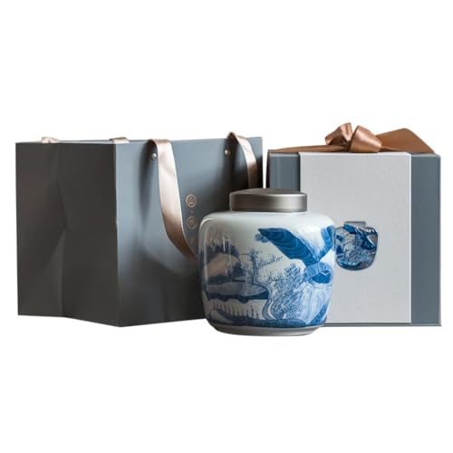 LINKIO Ceramic Food Jar Hand-Painted Blue and White Porcelain Loose Tea Storage Jar Ceramic Sealed Jar Chinese Tea Set Single Jar Gift Box Set Pantry Storage Containers
