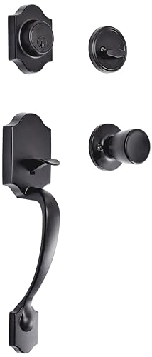 Amazon Basics Front Door Lock Set, Handleset with Tulip Knob, Level Door Handle, Exterior, Single Cylinder,Matte Black, 1-Pack