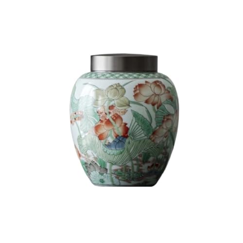 LINKIO Ceramic Food Jar Retro Lotus Ceramic Loose Tea Storage Jar with Lid Sober Tea Jar Kitchen Candy Nut Coffee Bean Cereal Sealed Jar Pantry Storage Containers(Large)