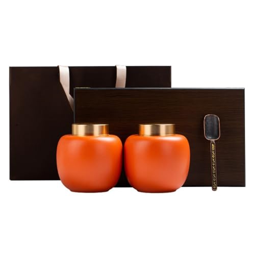 LINKIO Ceramic Food Jar Ceramic Bulk Tea Storage Container Jar Metal Double Layer Tin Lid Sealed Jar Chinese Teaware Double Jar Gift Box Set Pantry Storage Containers