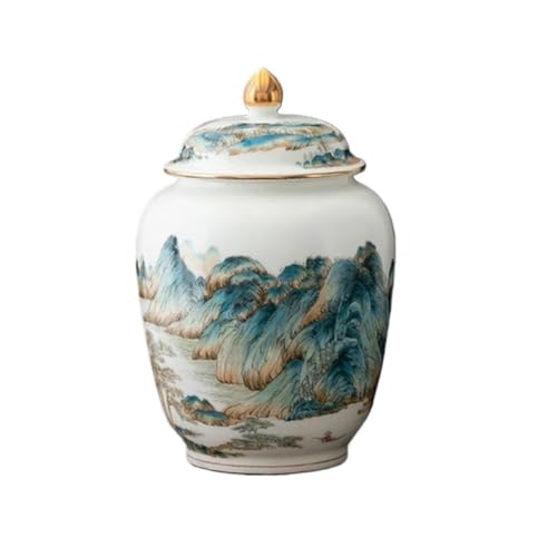 LINKIO Ceramic Food Jar Chinese Ceramic Tea Landscape Flower Decoration Storage Jar Kitchen Candy Nut Coffee Bean Cereal Sealed Jar Container Pantry Storage Containers(Large)