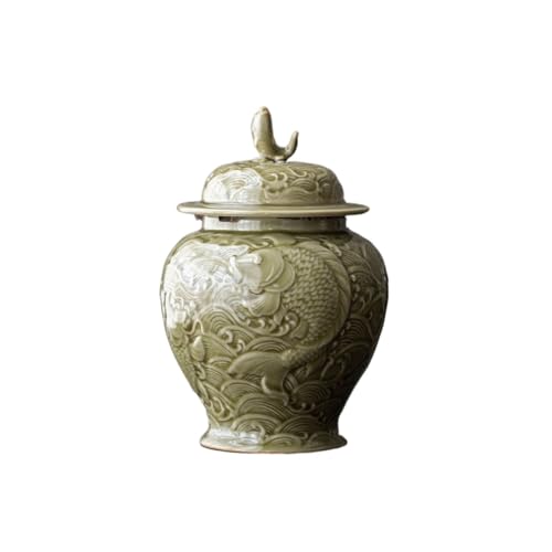 LINKIO Ceramic Food Jar Celadon Embossed Koi Fish Tea Box Organizer Tea Leaf Box Jar for Coffee Storage Tank Container Awakening Tea Tea Caddy Ornaments Pantry Storage Containers(B,14 * 23.5cm)
