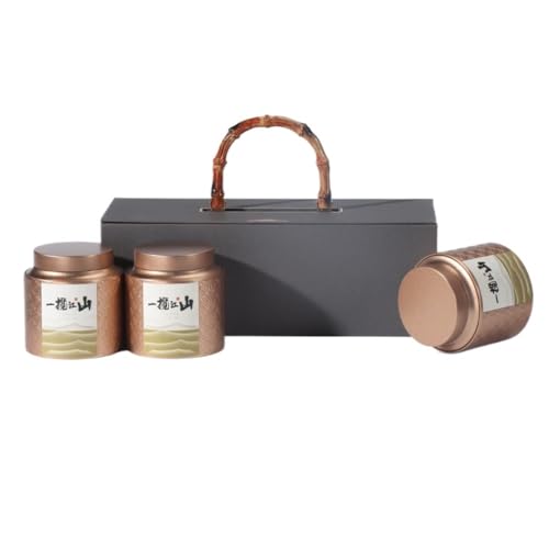 LINKIO Ceramic Food Jar Loose Tea Storage Container Can Round Tin Empty Can Kitchen Storage Can Chinese Tea Set Three Cans Gift Box Set Pantry Storage Containers(D,Triple can)