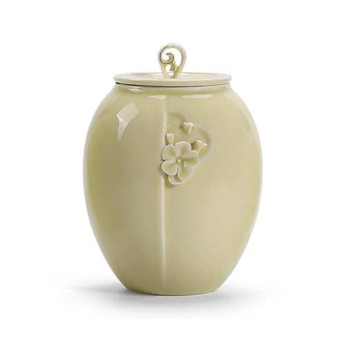 LINKIO Ceramic Food Jar Hand-kneaded Flower Ceramic Tea Storage Jar Celadon Loose Tea Tea Jar Kitchen Food Storage Jar Sealed Jar Pantry Storage Containers(B,Large)