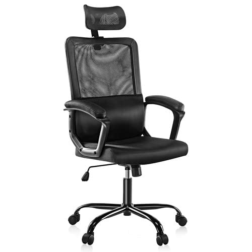 OLIXIS Ergonomic High Back Office Chair with Padded Lumbar Support, Headrest, Comfortable Armrests Height Adjustable, Tilt Function, Swivel Rolling for Executive, Conference Room, Study, Black