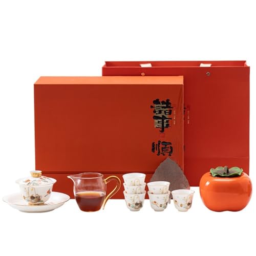 LINKIO Ceramic Food Jar Ceramic Loose Tea Storage Jar Tea Set Tea Set Tea Bowl Tea Cup Persimmon Tea Can Gift Box Set Chinese Tea Set Pantry Storage Containers