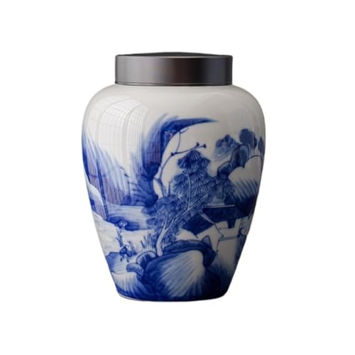 LINKIO Ceramic Food Jar Vintage Blue and White Porcelain Bulk Tea Storage Jar Chinese Style Ceramic Sealed Jar Metal Double Cover Storage Jar Pantry Storage Containers(Large)