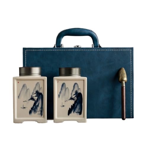 LINKIO Ceramic Food Jar Retro Bulk Tea Storage Jar Household Square Jar Tea Jar Ceramic Sealed Jar Tea Set Double Jar Leather Box Set Pantry Storage Containers