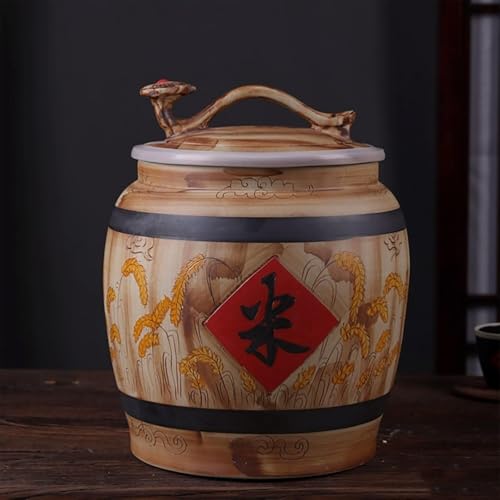 Ceramic Rice Container 33lb/15kg, Large Storage Urn with Decorative Handle Lid, Painted Wheat Motif Jar for Pantry Organization, Bulk Food Storage - Housewarming Gift Idea(B,55lb/25kg)