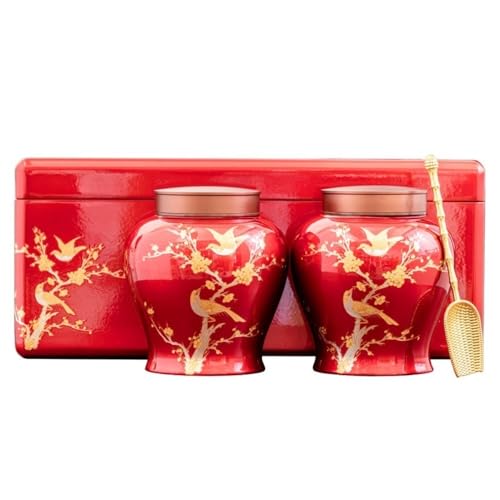 LINKIO Ceramic Food Jar Ceramic Tea Storage Container Jar Household Double Layer Alloy Lid Sealed Jar Chinese Tea Set Double Jar Gift Box Set Pantry Storage Containers(Small,Double can)