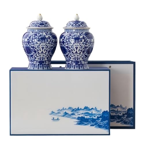 LINKIO Ceramic Food Jar Blue and White Porcelain Tea Storage Container Jar Ceramic Sealed Jar Retro Chinese Tea Set Double Jar Gift Box Set Pantry Storage Containers