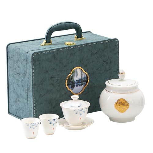 LINKIO Ceramic Food Jar Mutton Fat Jade Ceramic Bulk Tea Storage Can Household Double Can with Teacup Gift Box Set Creative Tea Set Pantry Storage Containers(Double Tank)