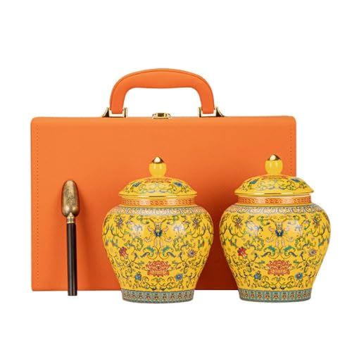 LINKIO Ceramic Food Jar Ceramic Loose Tea Storage Container Jar Household Sealed Jar Retro Tea Set Single Jar/Double Jar Gift Box Set Pantry Storage Containers(Double Tank)