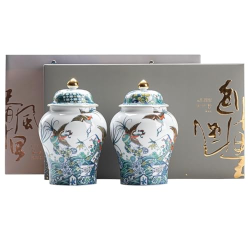 LINKIO Ceramic Food Jar Ceramic Bulk Tea Storage Jar Large Capacity Sealed Jar Home Kitchen Storage Container Jar Chinese Tea Set Single Jar Pantry Storage Containers(Small Double can)