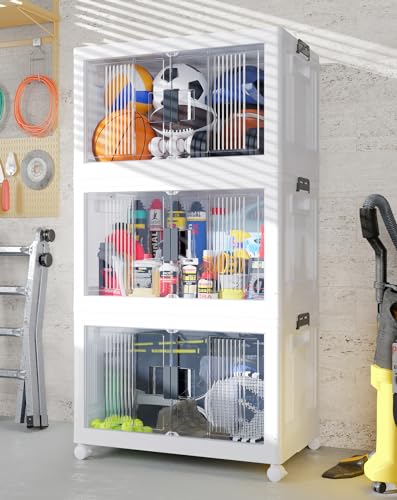 OlarHike 97QT V1 Storage Bins with Lids - Folding Storage box with Doors and Wheels, Collapsible Plastic Storage Bins for Closets, Stackable Storage Organizer, 3 Pack Cubes