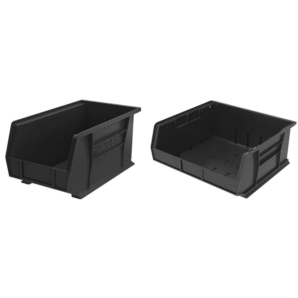 Akro-Mils AkroBins 30240 Plastic Hanging Stackable Storage Organizer Bin, 15x8x7-Inch, Black, 12-Pack & 30250 Plastic Storage Bin Hanging Stacking Containers