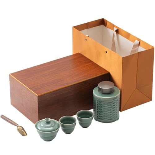 LINKIO Ceramic Food Jar Ceramic Loose Tea Storage Jar Tea Container Chinese Tea Set with Teacup Tea Spoon Tea Storage Jar Gift Box Pantry Storage Containers(A)