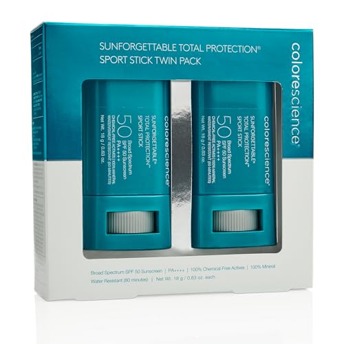 Colorescience Sunforgettable Total Protection Sport Stick SPF 50, Set of 2, Mineral, Broad Spectrum, Water/Sweat Resistant, Reef Safe, Hypoallergenic, 2 ct.