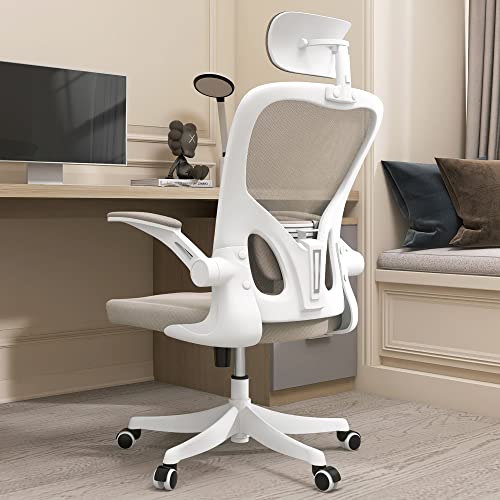 Monhey Ergonomic Office Chair with Adjustable Lumbar Support & Headrest, Flip-Up Armrests, High Back Design, Breathable Mesh, Height Adjustable, Warm Taupe, Perfect for Home Office & Desk Use