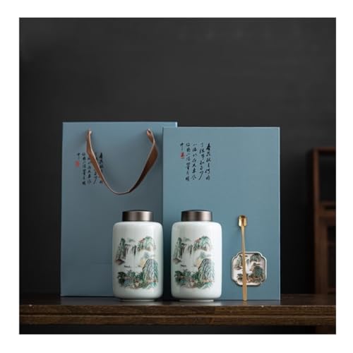 LINKIO Ceramic Food Jar Ink Painting Ceramic Large Tea Storage Tank Alloy Spiral Sealed Tank Storage Tank Single and Double Tank Gift Box Pantry Storage Containers(Double can Gift Box)