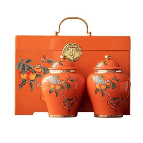 LINKIO Ceramic Food Jar Ceramic Bulk Tea Storage Jar Creative Persimmon Jar Kitchen Sealed Jar Chinese Tea Set Double Jar Gift Box Set Pantry Storage Containers