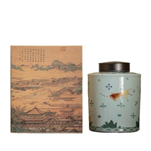 LINKIO Ceramic Food Jar Chinese Retro Tea Storage Container Jar Ceramic Storage Sealed Jar Double Lid Empty Jar Kitchen Food Storage Jar Pantry Storage Containers(B)