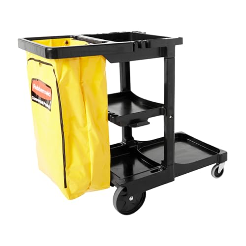 Rubbermaid Commercial Traditional Janitorial 3-Shelf Cleaning Cart, Wheeled with Zippered Yellow Vinyl Bag, for Business/School/Office/Janatorial Cleaning