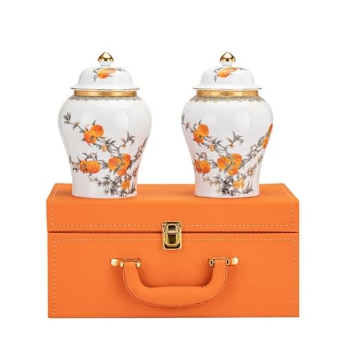 LINKIO Ceramic Food Jar Ceramic Loose Tea Storage Container Jar Kitchen Sealed Storage Jar Vintage Teaware Single/Double Jar Gift Box Set Pantry Storage Containers(Small Double can)