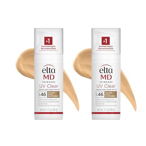 EltaMD UV Clear Tinted Sunscreen for Face, SPF 46 with Zinc Oxide, Oil-Free, Dermatologist Recommended, For Acne-Prone Sensitive Skin, 1.7 oz (Pack of 2)