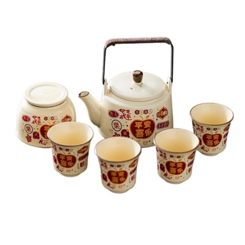 LINKIO Ceramic Food Jar Creative Bulk Tea Storage Jar Household Large Handle Teapot Simple Ceramic Teapot Four Teacups Chinese Tea Set Pantry Storage Containers(A)
