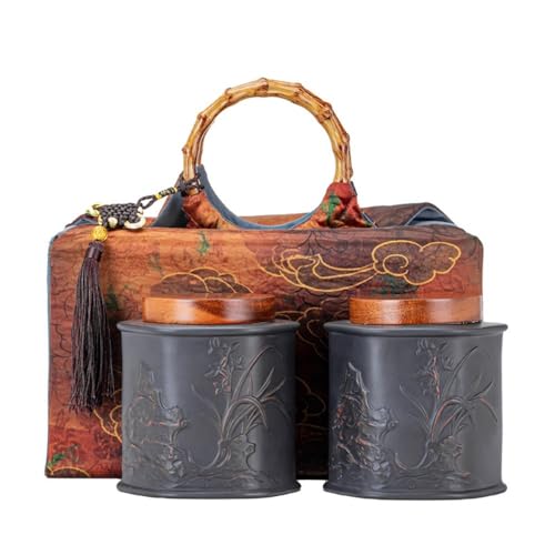 LINKIO Ceramic Food Jar Purple Clay Bulk Tea Storage Container Jar Ceramic Sealed Jar Retro Chinese Tea Set Double Jar Gift Box Set Pantry Storage Containers