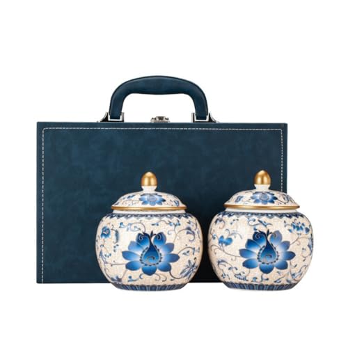 LINKIO Ceramic Food Jar Household Loose Tea Storage Container Jar Kitchen Sealed Storage Jar Creative Retro Tea Set Double Jar Gift Box Set Pantry Storage Containers(Double can)