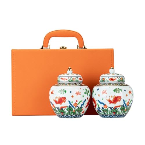 LINKIO Ceramic Food Jar Creative Loose Tea Storage Container Jar Ceramic Sealed Jar Retro Chinese Tea Set Single Jar/Double Jar Gift Box Set Pantry Storage Containers(Double can)