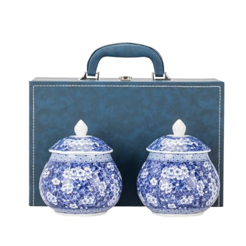LINKIO Ceramic Food Jar Ceramic Loose Tea Storage Container Jar Sealed Jar Blue and White Retro Tea Set Single Jar/Double Jar Gift Box Set Pantry Storage Containers(Double can)
