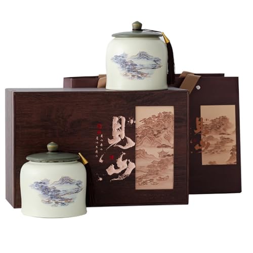 LINKIO Ceramic Food Jar Ceramic Loose Tea Storage Jar Sealed Jar Kitchen Seasoning Storage Jar Chinese Retro Tea Set Double Jar Gift Box Set Pantry Storage Containers