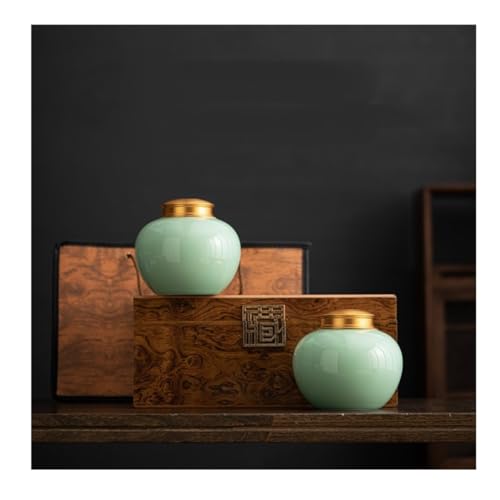 LINKIO Ceramic Food Jar Celadon Loose Tea Storage Jar Large Sealed Storage Jar Chinese Style Single and Double Jars in Wood Grain Gift Box Pantry Storage Containers(Double can Gift Box)