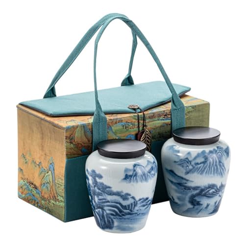 LINKIO Ceramic Food Jar Creative Landscape Picture Bulk Tea Storage Jar Household Ceramic Sealed Jar Chinese Tea Set Double Jar Gift Box Set Pantry Storage Containers