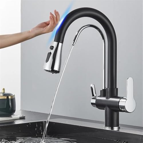 Gold Smart Sensor Kitchen Faucet, Dual Handle Filtered Cold & Hot Water Mixer, 2 Mode Spout Taps, Deck Mount, Pull-Down Kitchen Sink Tap(Black Chrome)