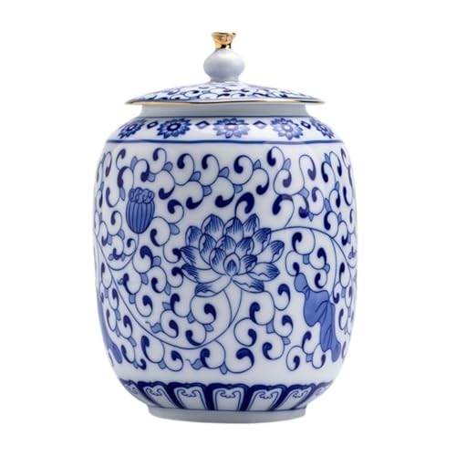 LINKIO Ceramic Food Jar Creative Hand-Painted Blue and White Porcelain Tea Storage Jar Household Kitchen Large Capacity Sealed Jar Single Jar Pantry Storage Containers(A,Large)