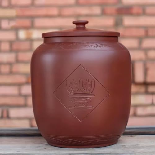 Clay Rice Jar (33lb/15kg Capacity) Unglazed Reddish Brown with Sealed Lid, Embossed Symbol Accent, Large Food Storage Container for Flour Grains, Kitchen Pantry Organization, Housewarming Gift(22lb/10